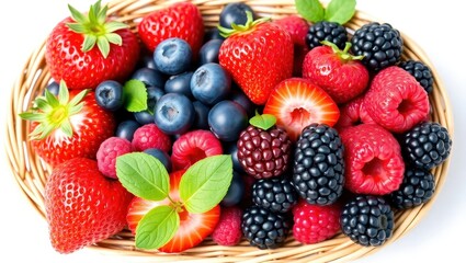 Obraz premium Assorted fresh berries arranged within a woven basketry bowl