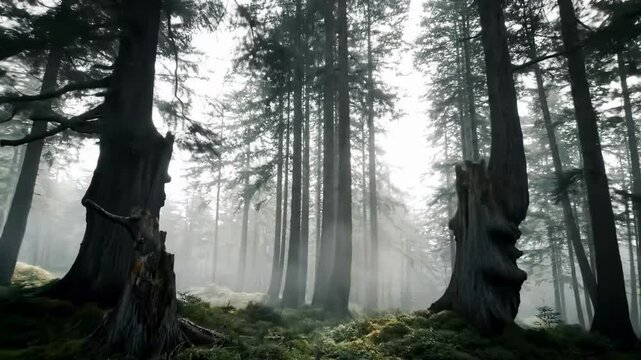 Misty forest sunlight