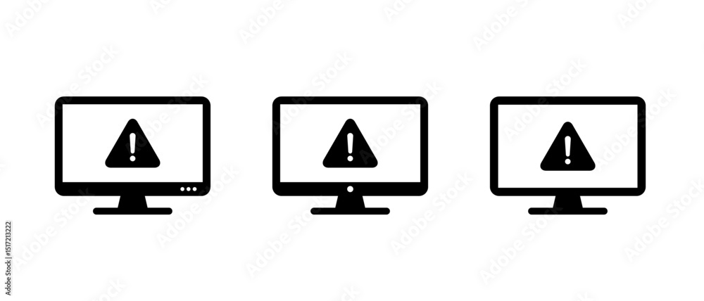 Poster warning on computer monitor icon set. security threat information on screen sign symbol