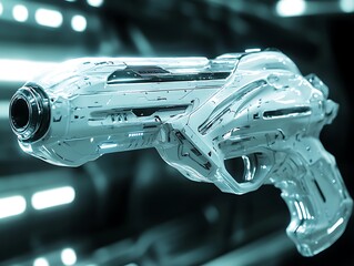 Advanced metallic sidearm design with futuristic aesthetics, gleaming under cool light