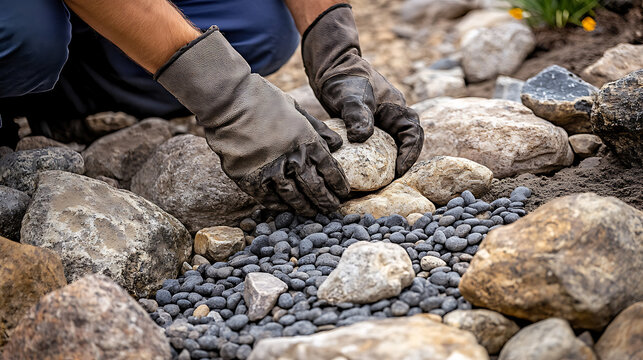 Gardener placing rocks in a landscaped area with pebbles