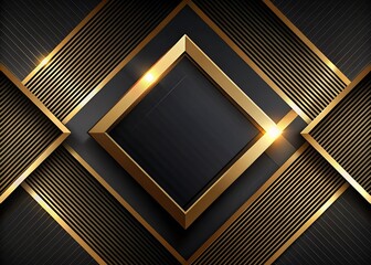 Elegant Black and Gold Diamond Frame Background with Metallic Stripes and Glowing Highlights