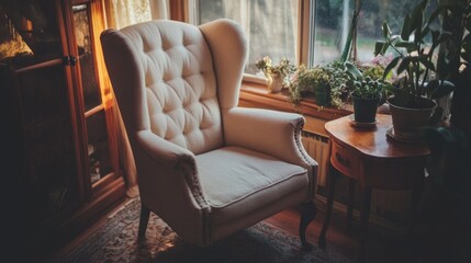 Beige armchair by a small wooden side table with soft ambient lighting and plants
