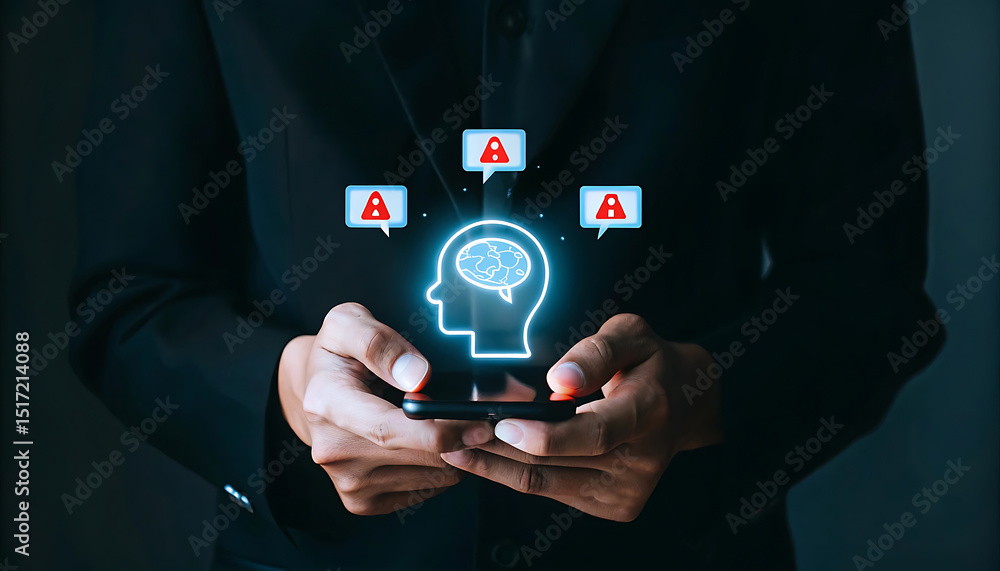 Poster businessman using smartphone with brain icon and warning symbols illustrating alert concepts