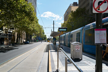 Tram stop in a busy city street in Adelaide SA