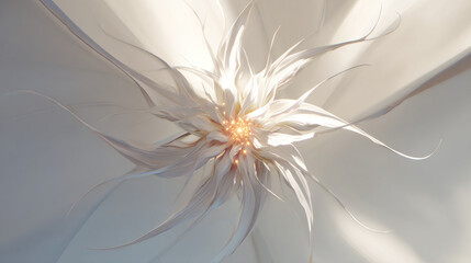 White abstract flower composition with dynamic petal structure and soft lighting, modern organic background for elegant decorative design