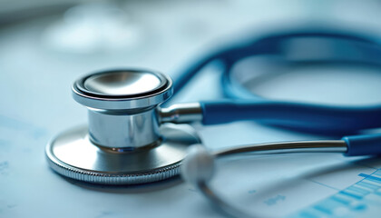 Stethoscope instrument, symbol of healthcare, medicine, on medical chart. Medical examination, checkup, prevention, diagnosis concept. Health insurance, patient care, wellness. Doctor equipment, blue