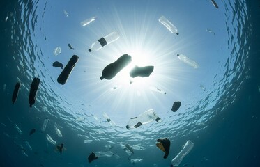 Floating plastic debris in clear blue sea water, reminding us of the urgent need for ocean cleanup on World Oceans Day.
