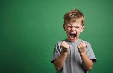 Angry boy portrait on green background. Child shows aggression, negative emotion. Boy with open mouth, clenched fists expresses anger, rage, frustration, bad mood. Childhood behavior problem.