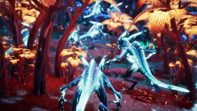 Glowing alien creatures in otherworldly forest