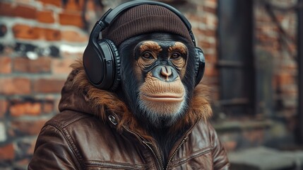 Chimpanzee in headphones, urban setting