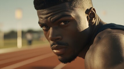 Close-up of a focused athlete poised on a running track.