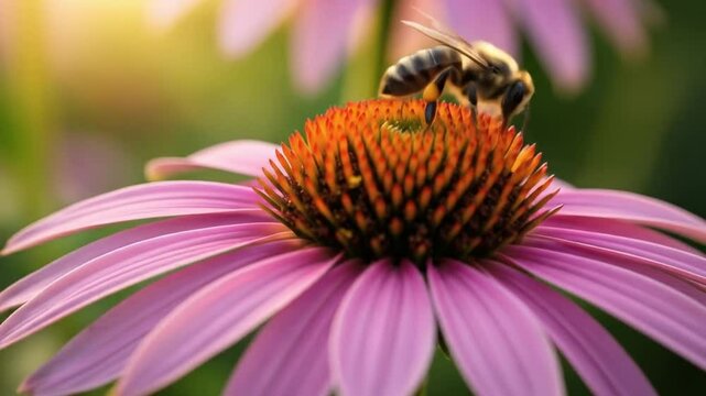 Honeybee on echinacea flower pollination macro photography 4k video
