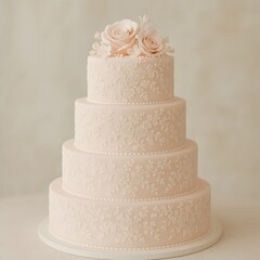 Sophisticated Four Tier Cake with Floral Lace and Delicate Rose Topper Design
