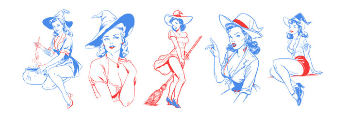 Plakat A set of vintage retro pin up style halloween witch. line art illustration style