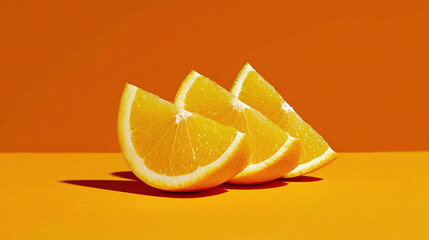 Fresh orange slices on solid orange background, bright juicy citrus composition with shadow for healthy food or summer fruit concept