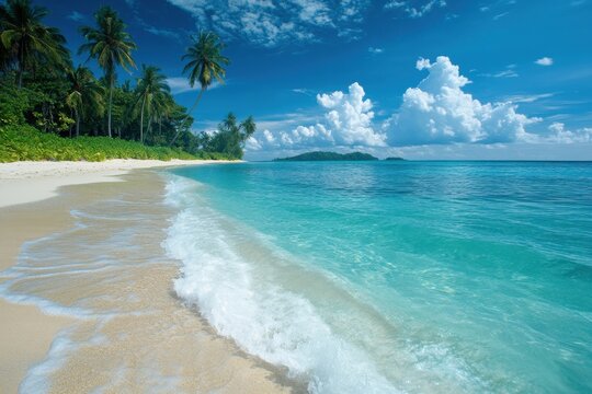 Clear turquoise water gently laps the sandy shore under a bright blue sky adorned with fluffy white clouds at a tropical beach