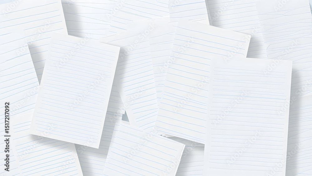 Poster pile of lined notebook paper sheets scattered on white background for writing