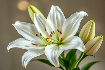 Fototapeta premium A white lily with large, smooth and slightly curved petals with a silky soft texture. The flower has six symmetrically arranged petals, forming a star-like shape.