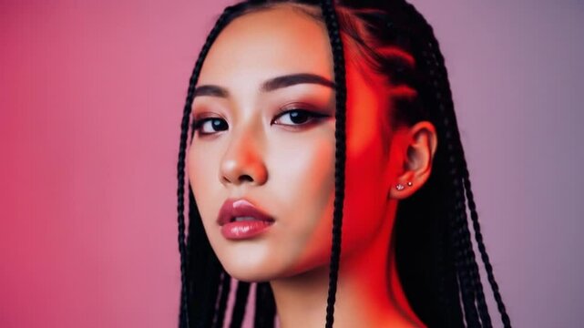 Woman with braids and makeup beauty portrait close up shot 4k video
