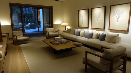 Modern, minimalist living room with patio view.