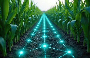 Cornfield with glowing lines illustrating tech in agriculture. Green plants with digital connectivity, smart farming concept. Innovative eco tech uses for harvesting. High-tech greenfield for harvest