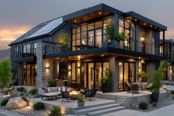 Modern houses with rooftop solar panels surrounded by a potted plant, chair, bench, and dining table can be seen in the image.