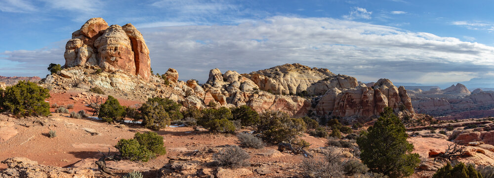 A scenic panoramic view of Navajo Knobs in Capitol Reef National Park Utah.  Captured on a beautiful winter morning hike of Navajo Knobs.
