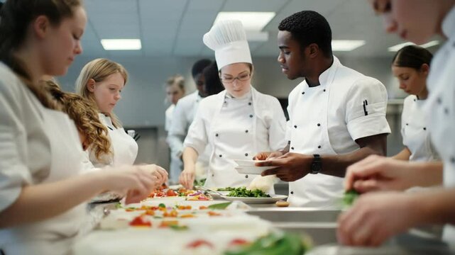 Diverse culinary students collaborate preparing gourmet dishes in a commercial kitchen