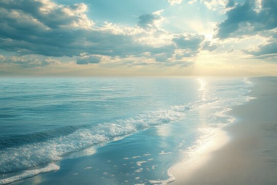 Cloud reflections create a serene landscape on the calm ocean surface during a tranquil afternoon at the beach