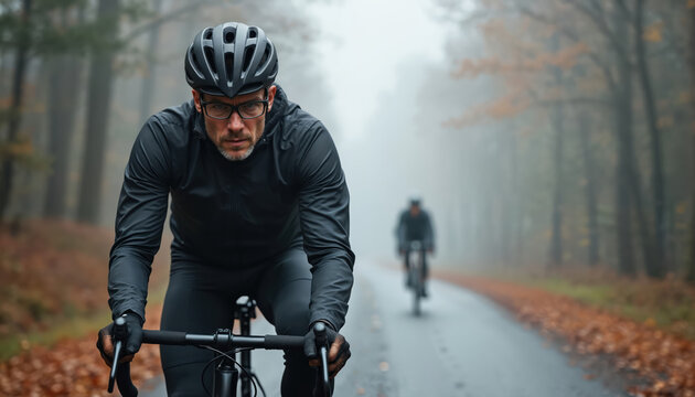 Man in black cycling gear rides bicycle on misty autumn forest road. Cyclist wears helmet, glasses. Bike on trail. Road cycling, sport. Healthy lifestyle, active sport outdoors.