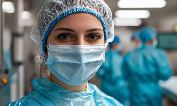 Young Female Surgeon with Mask and Bouffant Cap in Light Blue Gown with Other Medical Professionals in Blurred