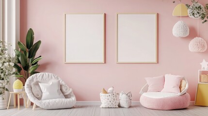 mock up poster frame in baby girl room scandinavian style interior background 3D render 3D illustration