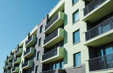 Obraz premium Modern apartment building exterior. Balconies with metal railings, windows with glass, facade design. Residential architecture, urban housing. Blue sky background, real estate concept.