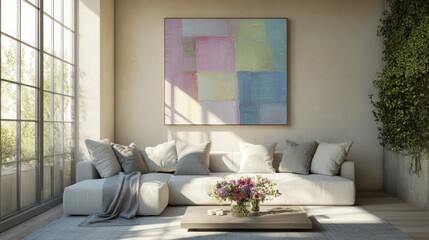 Modern abstract painting displayed in a contemporary living room.