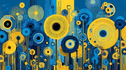 Abstract Graphic Design with Gears and Circles in Blue and Yellow Color Scheme .