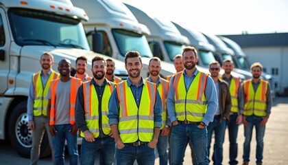 Diverse team truck drivers stand front fleet semi-trucks. Wearing reflective vests smile. Modern logistics warehouse background. Represents professional career, transportation industry, road safety.