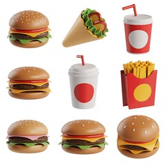 A collection of stylized fast food items including burgers fries and drinks arranged well