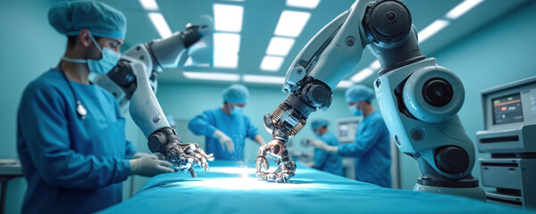 Futuristic robotic arms perform automated medical healthcare operation. Surgical robot, remote control hospital equipment in operating room. Precision surgery performed by surgeon. High-tech