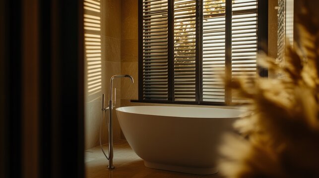 Modern bathroom interior with a bathtub and shutters.