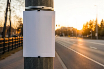 Flyer mockup on outdoor street pole with blank paper display at sunset light

