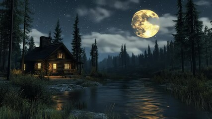 Lit log cabin by river under full moon and starry night sky - Powered by Adobe