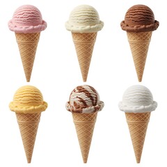 A collection of six ice cream cones with various flavors on a white background studio shot