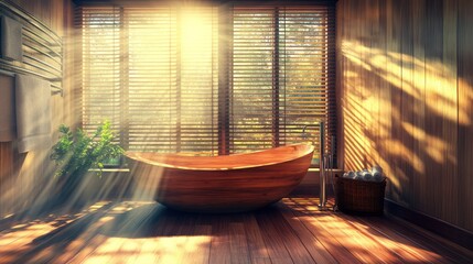 Wooden bathtub bathed in warm sunlight in a tranquil bathroom.