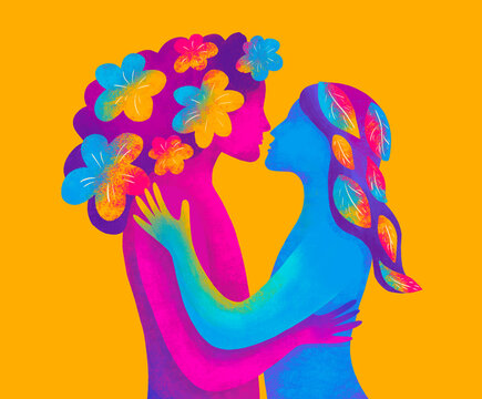 Colorful embrace between two figures with floral elements