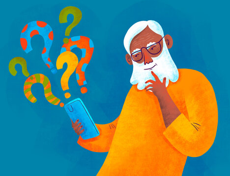 Senior man contemplating a smartphone with questions in the air