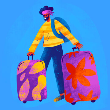 Colorful traveler carrying suitcases with a joyful expression