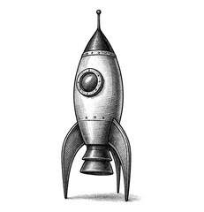 Engraved Style Illustration of a Rocket with Detailed Lines in Black and White Isolated