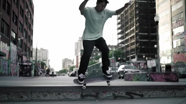 Skateboarder performing trick outdoors