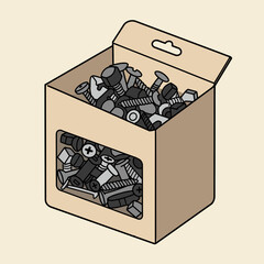 Cardboard Box Overflowing with Assorted Screws Bolts and Nails